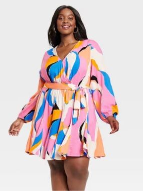 Ava & Viv Retro Abstract Print Long Sleeve Ballon Dress with Pockets